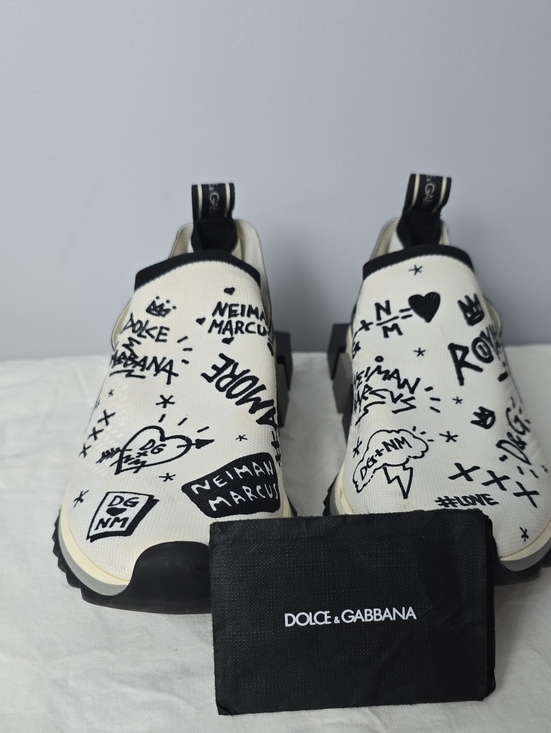 Dolce & Gabbana Shoes - Dolce & Gabbana White & Black Graffiti Slip-On Sneakers